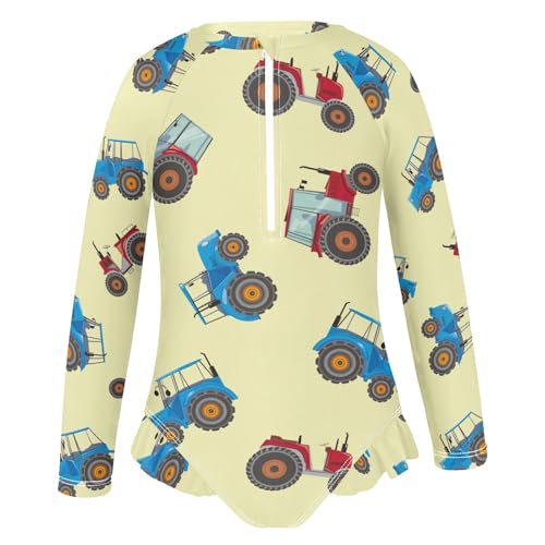 Blue Red Tractor Girls Swimsuit One Piece Rash Guard Girls' Swimwear Long Sleeve Swimsuits for Girl Size 3-12T