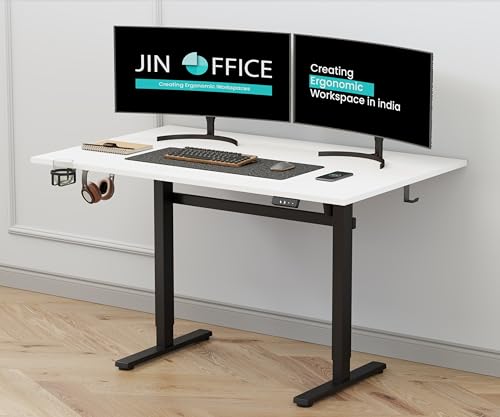 JIN OFFICE Octave Height Adjustable Table Electric | Sit Stand Desk, 2 Year Warranty, 80 Kg Wt. Cap| Standing Desk with Memory Preset, Cup Holder| Sta