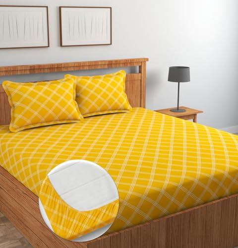 Image of NHD HOME Pure Cotton All Round Elastic Fitted Bedsheets for Double Bed with 2 King Size Pillow Covers 220 TC Supersoft |Wrinkel Free Bed Cover Size - 72x78+10 inches, Yellow