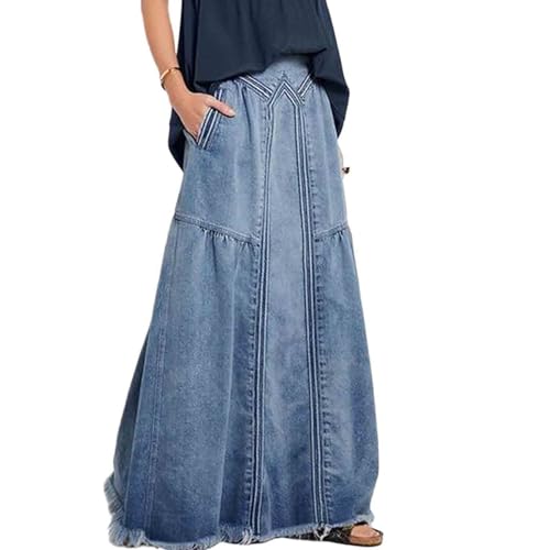 Women's Casual Elastic Large Size Women's Denim Skirt Waist Frayed Hem A-Line Distressed Hippie Long Maxi Denim Skirt