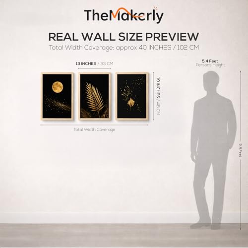 Image of TheMakerly Set of 3 Moon & Golden Palm Leaf Wall Art Paintings for Living Room | Modern Luxury Black Gold Wall Decor | Framed Wall Paintings for Bedroom, Hall, Office & Home Decoration (13x19 Inches)