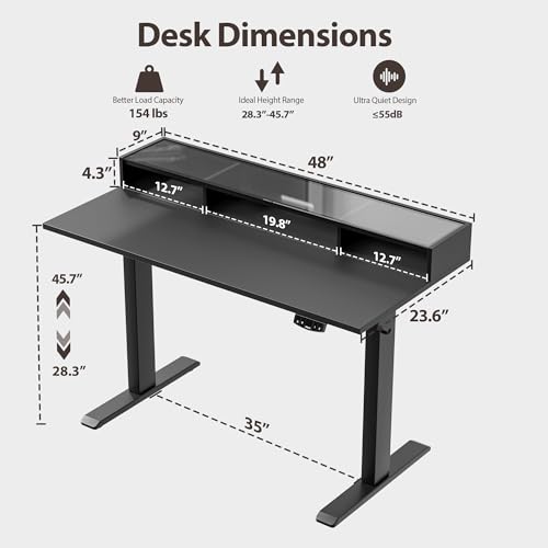 Image of Agilestic 48 x 24 Inches Electric Standing Desk with Storage, Adjustable Height Sit and Stand Computer Table with Glass Shelf, Splice Board, Black