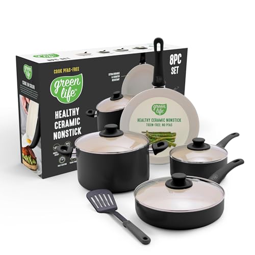 Image of GreenLife Soft Grip 8 Piece Cookware Set, Non-Toxic PFAS-Free Ceramic Nonstick, Frying, Sauce, Saute, Utensils, Glass Lids, Stay-Cool Handles, Wobble Free, Dishwasher & Oven Safe, Black