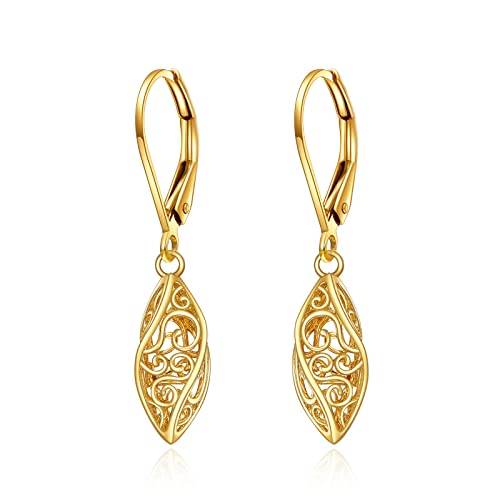 Leverback Earrings for Women 14k Solid Gold Filigree Dangle Drop Earrings Fine Jewelry Birthday Gifts for Her (Filigree Leverback Earrings)