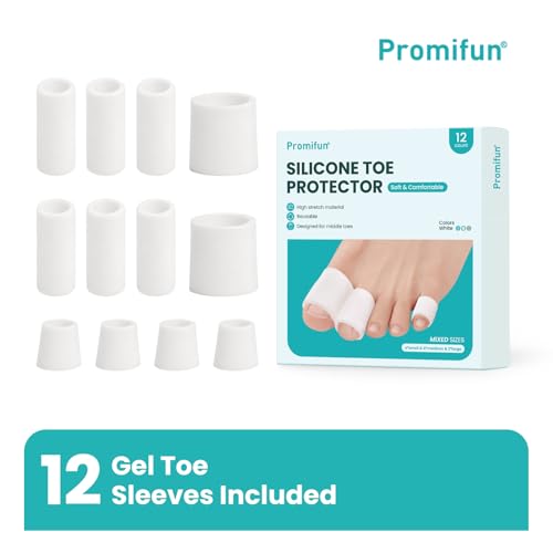 Image of Promifun Silicone Toe Protectors - 12 Pack Silicone Toe Sleeve for Hammer Toes, Corns, Calluses, Blisters - Soft Gel Toe Tube Pads for Pain Relief(Multi Sizes, White)