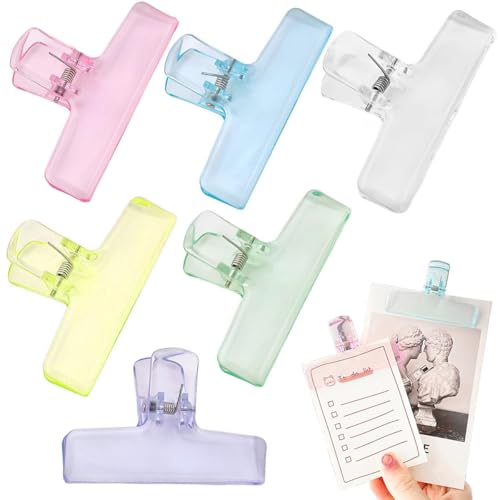 RuiChy Transparent Large Bull Paper Clips 6 Pcs 75mm Multicolor Plastic Binder Clips Multifunctional Chip Clip Clear Bulldog Paper Clamp for Poster Photo Letter Food Bags Pictures Home Office Use