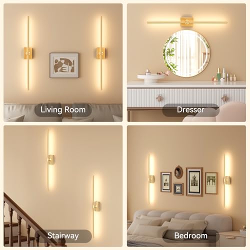 Image of Ouyulong Battery Operated Wall Sconces Set of 2, 10000mAh Wireless Rechargeable 3000-6000K Dimmable 350 Rotate Wall Light with Remote for Living Room, Bedroom 31.6in Gold