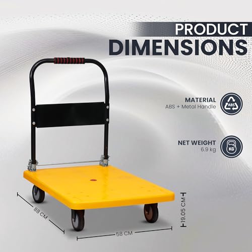 Image of Robustt 300 Kg Heavy-Duty Foldable Platform Trolley (Yellow) | Plastic Hand Truck with 360 Rotating Wheels & Cushioned Grip | Material Handling Cart for Home, Office, Warehouse & Industrial Use