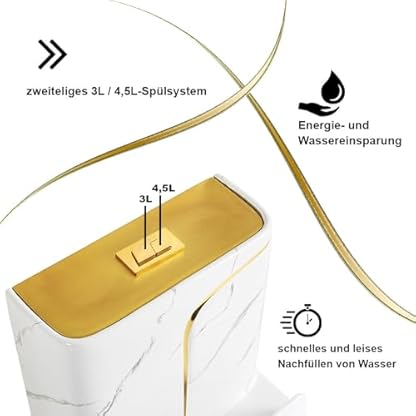 EGO INTERIORS Royalty Line | Einteilige Stand-WC mit eingebautem Spülkasten | Goldene Marmoroptik Keramik | randlos | Sitz mit Soft Close Absenkautomatik | Quick Release Scharnieren – Bild 4