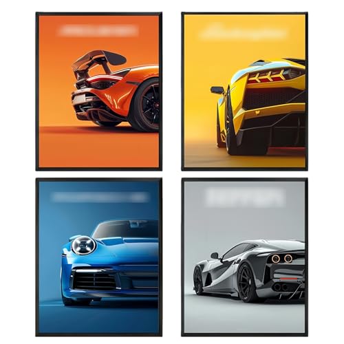 HIVTE Lot de 4 Tableaux sur Toile Voitures de Sport Classiques Modernes Décoration Murale pour Chambre de Garçon et Man Cave, 20x30 cm
