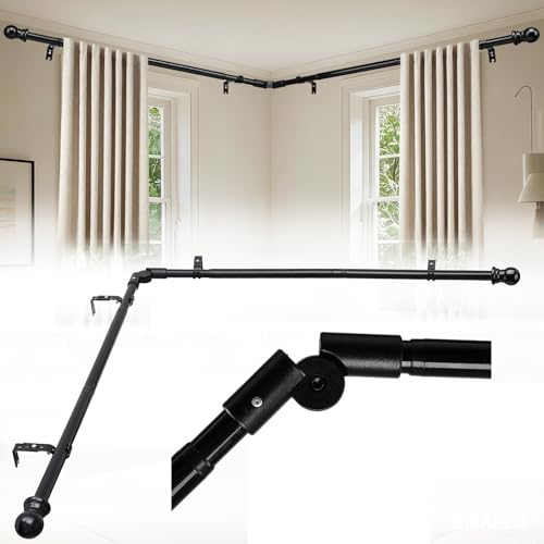 Corner Curtain Rod for Windows 30 to 136 Inches Adjustable Heavy Duty 1 Inch Metal L Shaped Corner Window Curtain Rod with Brackets&Decorative End Drapery Rods for Bedroom Living Room Glossy Black