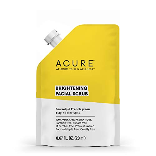 ACURE Brightening Facial Scrub (pouch), 100% Vegan | For A Brighter Appearance | Sea Kelp & French Green Clay - Softens, Detoxifies and Cleanses | All Skin Types | 0.67 Fl Oz