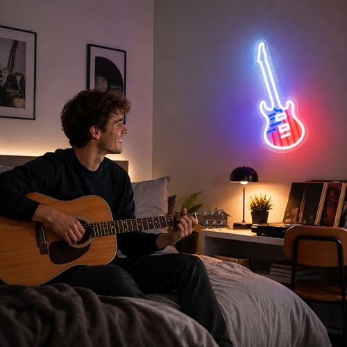Image of White&Blue Neon Sign Led Neon Lights Signs for Wall Decor USB Powered Led Signs for Room Decoration-American Guitar