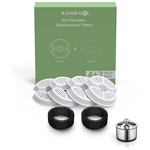 AONBOY Filtres de Fontaine a Eau Chat, 4PCS Filtres + 2PCS Éponges de Distributeur Eau Chat, Dreifache Filtration, Dreifache Filtration (Filtres), Cheveux Filtrants (Éponges), Convient pour F1 Cover