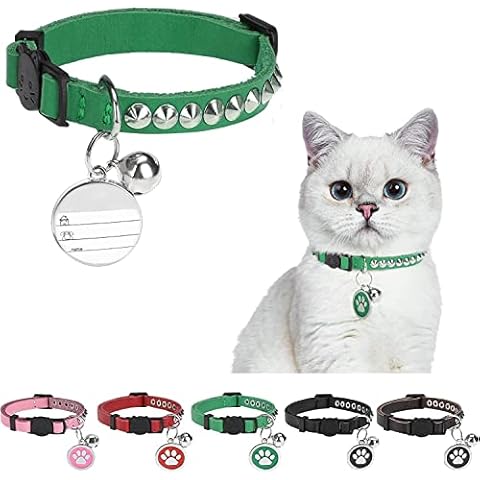 DILLYBUD Leather Personalized Breakaway Cat Collar with Studded Bell and Safety Quick Release Buckle - Rivets Studded ID DIY Collars for Boy Girl Cats Kittens, 9" - 11.5" Green Cover