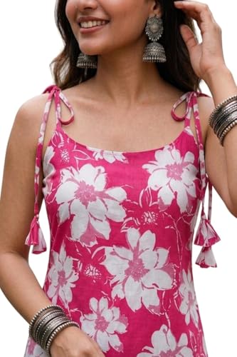 Image of Women's Cotton Floral Printed Short Kurti - Sleeveless Tie-Up Shoulder Casual Summer Tunic Top - Soft & Breathable Floral Kurti