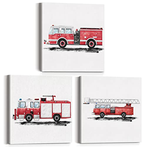 Yuzi-N Set Of 3 Fire Truck Nursery Vehicle Art Posters Canvas Wall Art & Tabletop Home Kids Bedroom Decoration, Watercolor Firetruck Prints Easel & Hanging Hook 12X12 Inch #TOP19