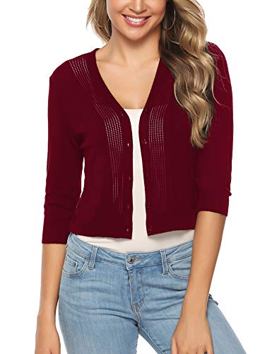 iClosam Women Knitted Bolero Shrug 3/4 Sleeve Crochet Button Down Cardigan Sweater (Wine Red, X-Large)