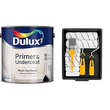 Dulux Primer & Undercoat Paint - 2.5L, 5092093, White & Coral 10501 Paint Kit with Headlock and Mini Roller Frame and Hybrid Brush, Set of 12 Pieces