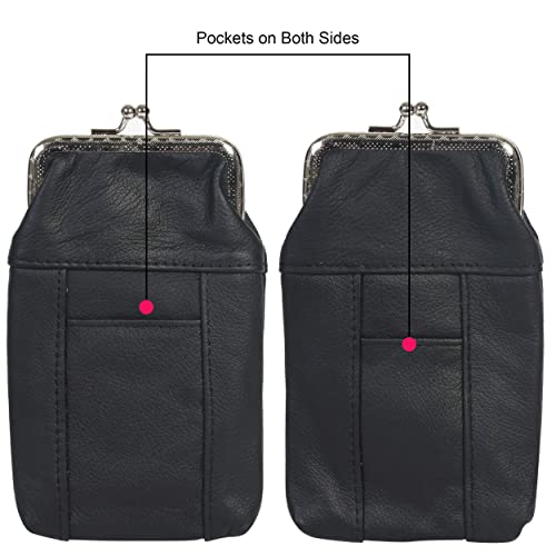 Genuine Leather Slim Cigarettes Case Holder Pack Regular Or 100'S & Lighter Pocket With Metal Twist Clasp, Black #TOP1