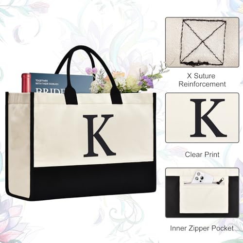 Image of GASSDA Initial Canvas Tote Bag Birthdays Gift for Women Mom Teacher Friend Bridesmaid,Custom for Wedding Beach Holidays