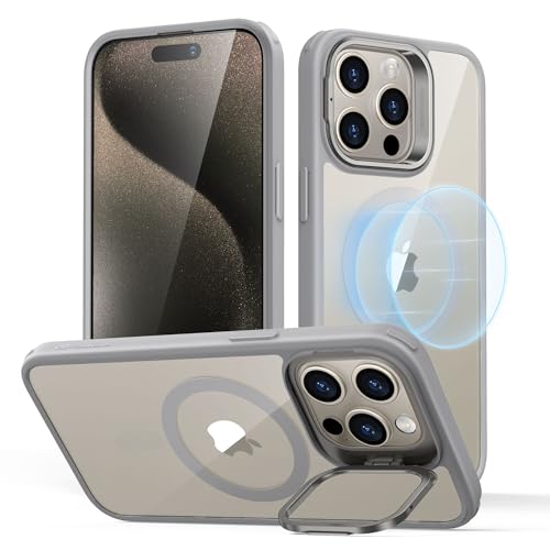 Image of ESR for iPhone 15 Pro Max Case, Compatible with MagSafe, Military-Grade Protective Case, Built-in Stash Stand Phone Case, Scratch-Resistant Back Cover, Classic Series,Clear Grey