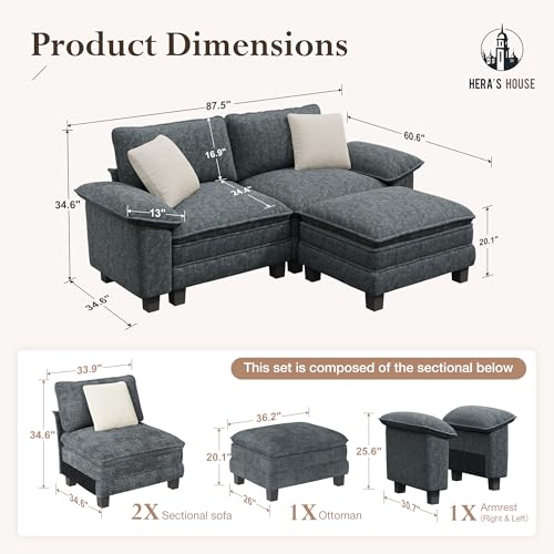 Image of HERA'S HOUSE 3-Seat L Shaped Modular Cloud Couch Sectional Sofa Ottoman | Modern 87.5 inch Couch, Cyan, Wider Armrest, Comfy Deep Seat, Soft Chenille Sofa for Living Room