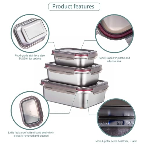 Image of Fridge to Oven Microwave Safe Stainless Steel Reusable Food Storage Containers with Leak-Proof and Airtight Lids (Rectangular Set of 3)