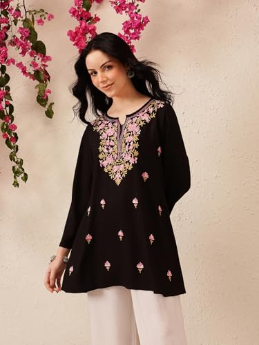 Image of QAZMI Women's Bahar Kashmiri Zari Resham Work Viscose Rayon Full Sleeves A-Line Short Kurti
