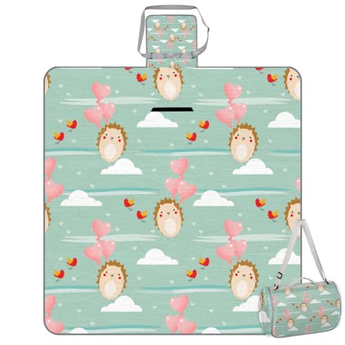 Shimoshe Picnic Blankets 57”x 59”, Love Balloon Flight Hedgehog Waterproof Sandproof Picnic Mat Lightweight Foldable Beach Blanket for Camping Park Grass Beach Outdoor Blanket