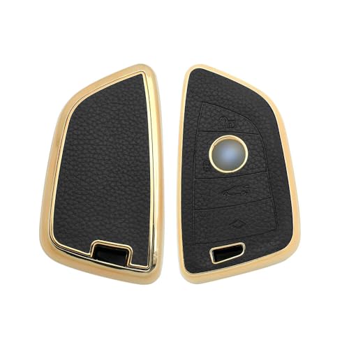 Image of keyzone Litchi Leather Textured TPU Key Cover & Keychain for X1, X3, X6, X5, 5 Series, 6 Series, 7 Series 4 Button Smart Key (Black)