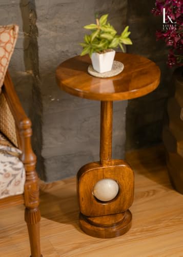 Image of Little eXtra Handcrafted Solid Wood Round Side Table with Wooden Base | Wooden Accent Table for Living Room, Bedroom & Sofa Corner | Premium Mango Wood End Table