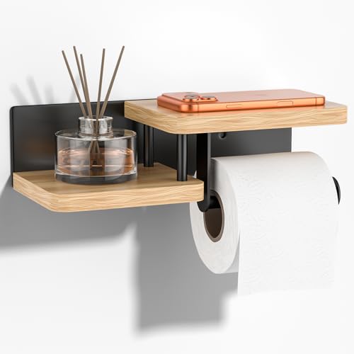 HOMIKLSA Porte-Papier Toilette avec Étagère – Chêne & Acier INOX, Trous de Fixation à vis,...