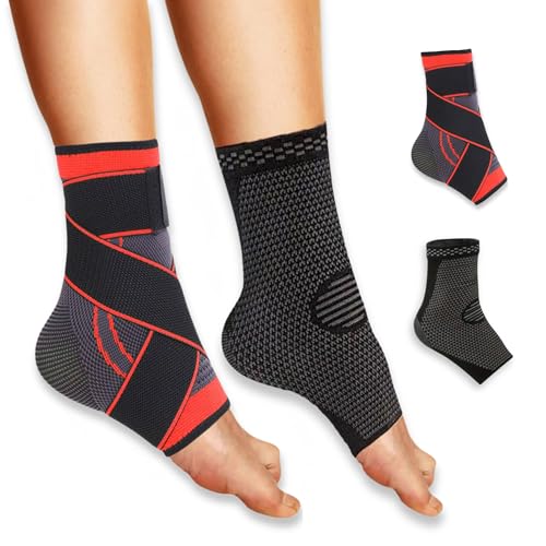 NEXEFLEX Tobilleras Deportivas De Compresión, Pack De 2 Roja Y Negra, Tobillera Estabilizadora Para Esguinces, Tobillera Para Esguince y Tendón de Aquiles, Ankle Brace (Medium)