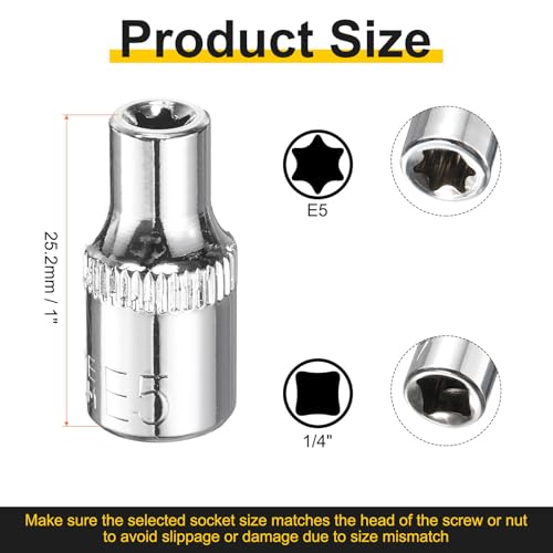 sourcing map E-Torx Socket 1/4" Drive E5 Star Female Socket 1" Length External Torx Deep Sleeve CR-V Chrome Plating 6 Point Spline Sleeve for Auto Repairs Home Maintenance