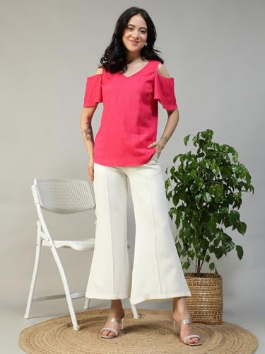 Image of oxolloxo Women Solid V-Neck Short Sleeve Cold Shoulder Yarn-Dyed Dobby Top