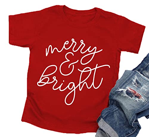 Christmas Shirts Toddler Boy Girls Merry and Bright T-Shirt Christmas Lights Graphic Tees Holiday Tops Red