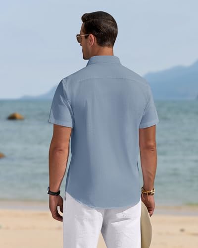 Image of J.VER Mens Linen Shirt Short Sleeve Button Down Casual Summer Shirts | Cotton Linen, Untucked, Big Tall, from Beach Camp Vacation, Cruise Fishing, Work Office, to Wedding Party Family, with Pocket