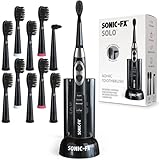 Sonic-FX Solo Electric Toothbrush w/ 10 Brush Heads + 1 Interdental, Charcoal Bristles, Rechargeable, Charging/Storage Base, 3 Brush Modes, Smart Timer, 2 Months Use on Full Charge, Black Color