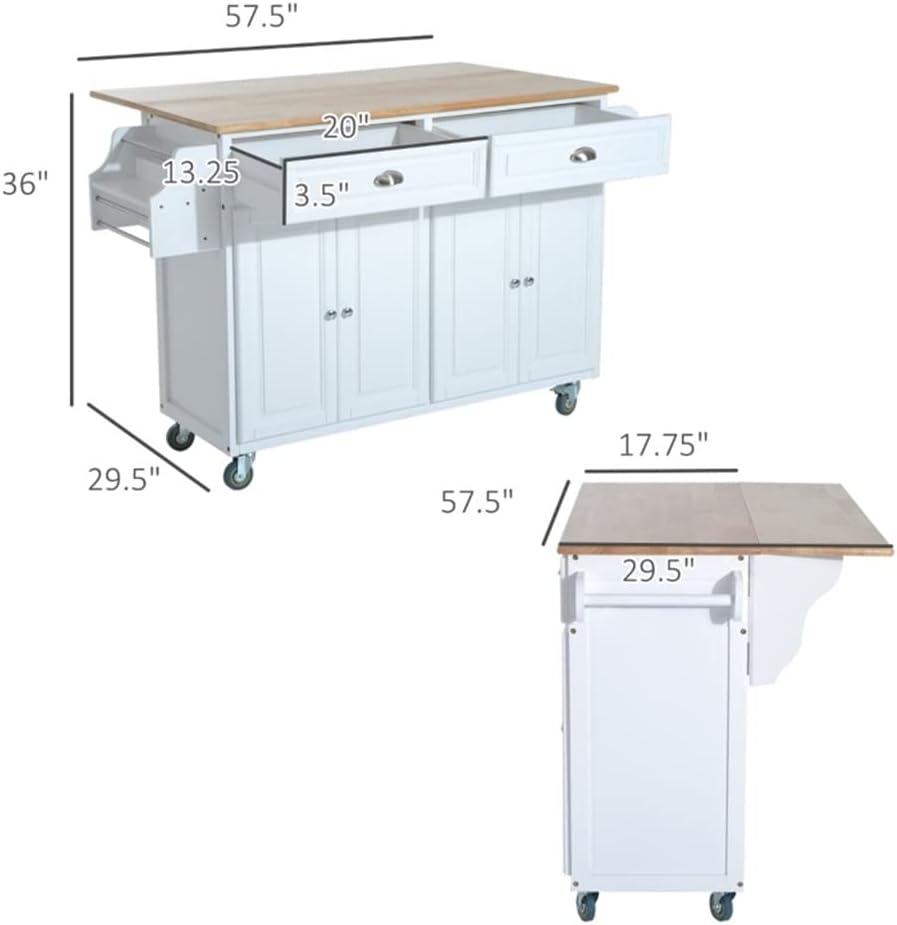 Rolling Kitchen Island On Wheels Cart with Drop Leaf and Rubberwood Countertop, Storage Drawers, Door Cabinets (D As Shown)