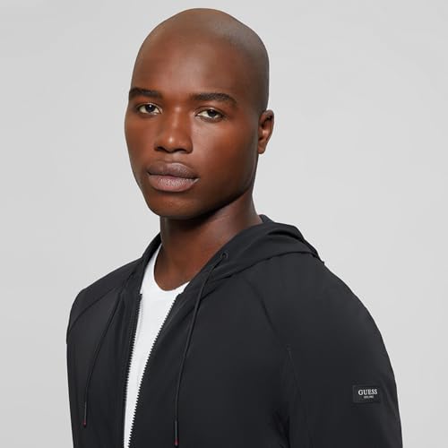 Image of GUESS Men Black Solid Hooded Full Sleeves Front-Open Sweatshirt