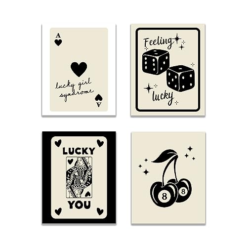 KEUSPI Lot de 4 affiches murales tendance rétro Feeling Lucky You Girl Syndrome 8 Ball Queen Dice Cerise Funky pour chambre - Esthétique - Décoration tendance - Sans cadre - 20,3 x 25,4 cm - Noir