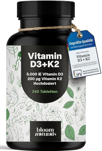 Vitamin D3 K2 hochdosiert – 240 Tabletten mit 5000 IE D3 & 200 µg K2 – 99,7+% All-Trans K2-MK7 - Vitamin D - produziert in Deutschland - Verpackung kann variieren