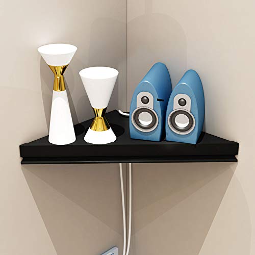 Evron Wall Mount Corner Shelf,Easy To Install Metal Front Floating Corner Shelf With Self-Adhesive Tapes,Wood Imitation Corner Shelves With Wire Pass Hole Pattern (Black) #TOP2