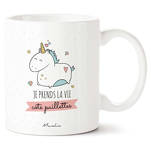 Manahia Mug Cadeau Licorne - Je prends la Vie côté Paillettes - 330 mL, Céramique - Tasse Copine - Noël, Anniversaire Amie - Fan de Licorne - Mug Paillettes - Good...