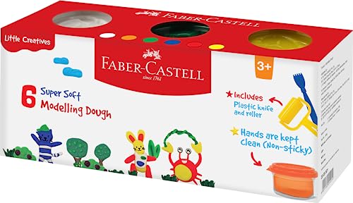 Image of Faber-Castell Little Creatives Modelling Dough Set of 6 | Non-Toxic Super Soft Modelling Dough for Kids Aged 3+ years | Includes Plastic Knife, Roller & Character moulds on lid and base | Super Soft, Non-Sticky & Child-Safe