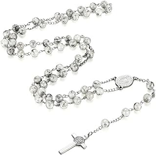 Flongo Men's Women's Vintage Stainless Steel Glass Beads Jesus Christ Cross Rosary Pendant Necklace, 33 inch
