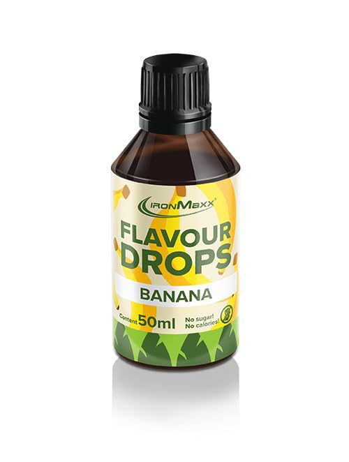 IronMaxx Gotas Sabor Platano 50 ml - Gotas Saborizantes Sin Calorias ni Azucar - Edulcorante Liquido Vegano para Yogur, Gachas y Batidos - Con Cuentagotas