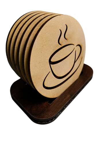 Image of DIY Wooden Coaster Set of 6 with Stand - Lasercut Cup Design | Paintable MDF Coasters for Art & Craft, Home Decor, and Gifting (DIY Cost 004)