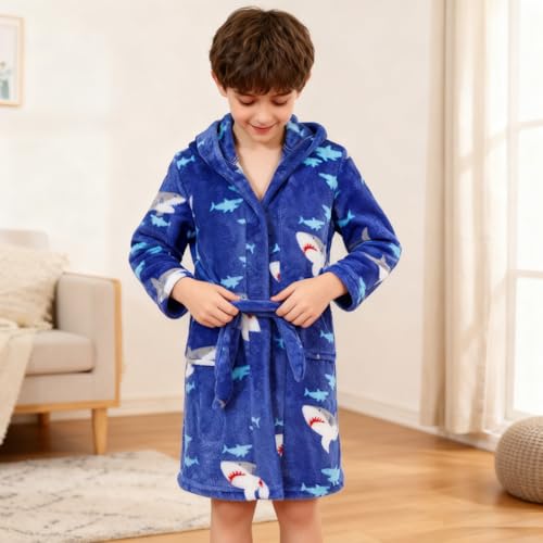 Image of Boys Girls Bathrobes,Toddler Boy Girl Robes,Children's Plush Soft Coral Fleece Hooded Pajamas Sleepwear for Kids